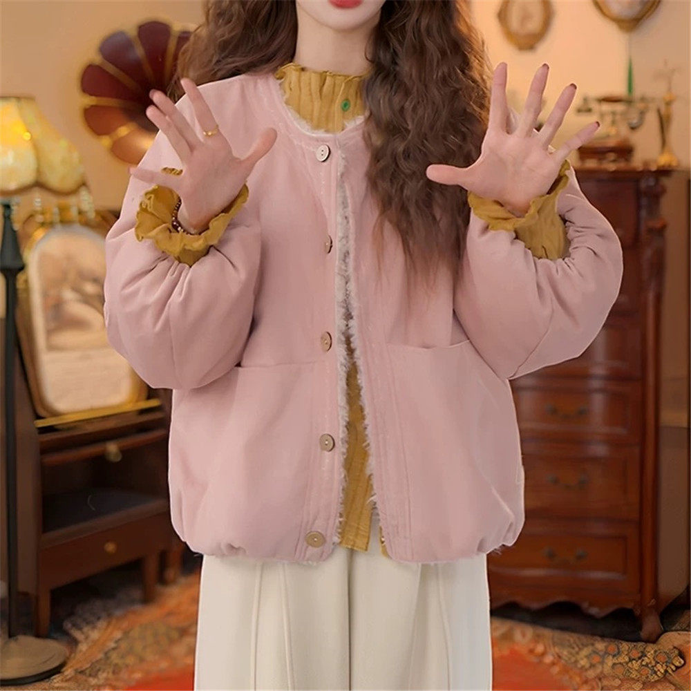 短款复古圆领两面穿毛毛外套女秋冬新款宽松休闲保暖加绒棉服上衣,女装/女士精品,短外套,淘宝优惠券,粉丝福利购,淘宝优惠卷