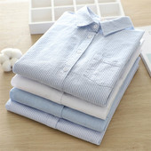 文艺小清新条纹牛津纺正肩长袖 女春秋宽松休闲衬衣上衣潮 纯棉衬衫