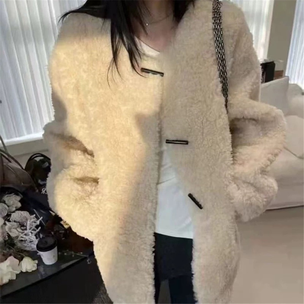 中长款宽松休闲羊羔毛绒开衫外套