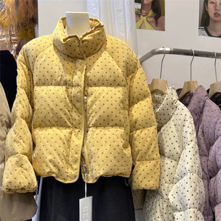 短款立领波点灯芯绒羽绒服女冬季新款宽松休闲白鸭绒面包服外套潮