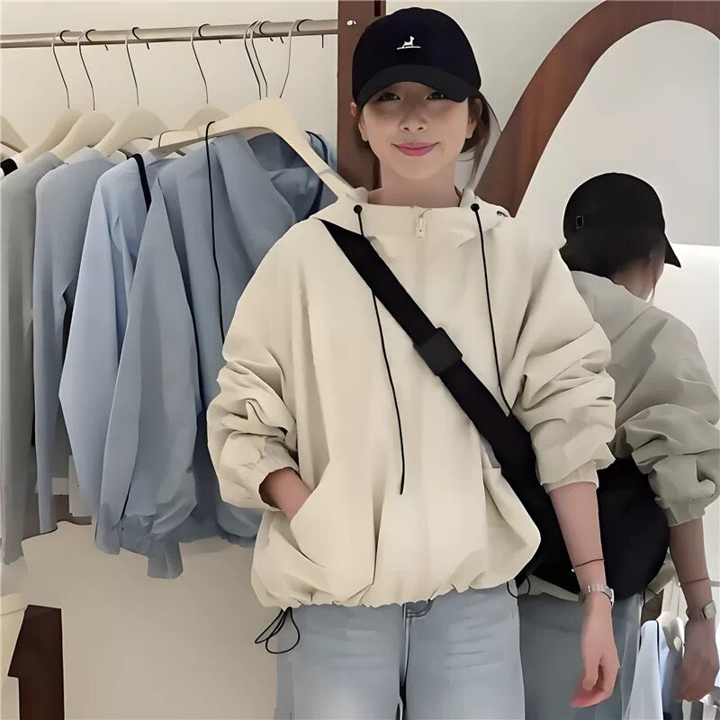 短款小个子连帽冲锋衣外套女春秋新款韩版宽松百搭休闲夹克上衣潮