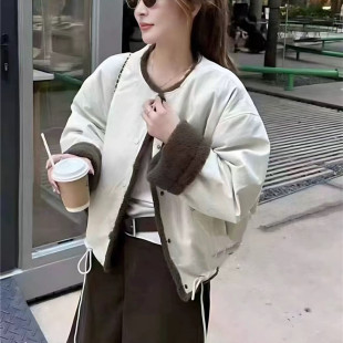 欧货羊羔毛拼接派克服外套女秋冬新款 宽松休闲加厚保暖夹克上衣潮