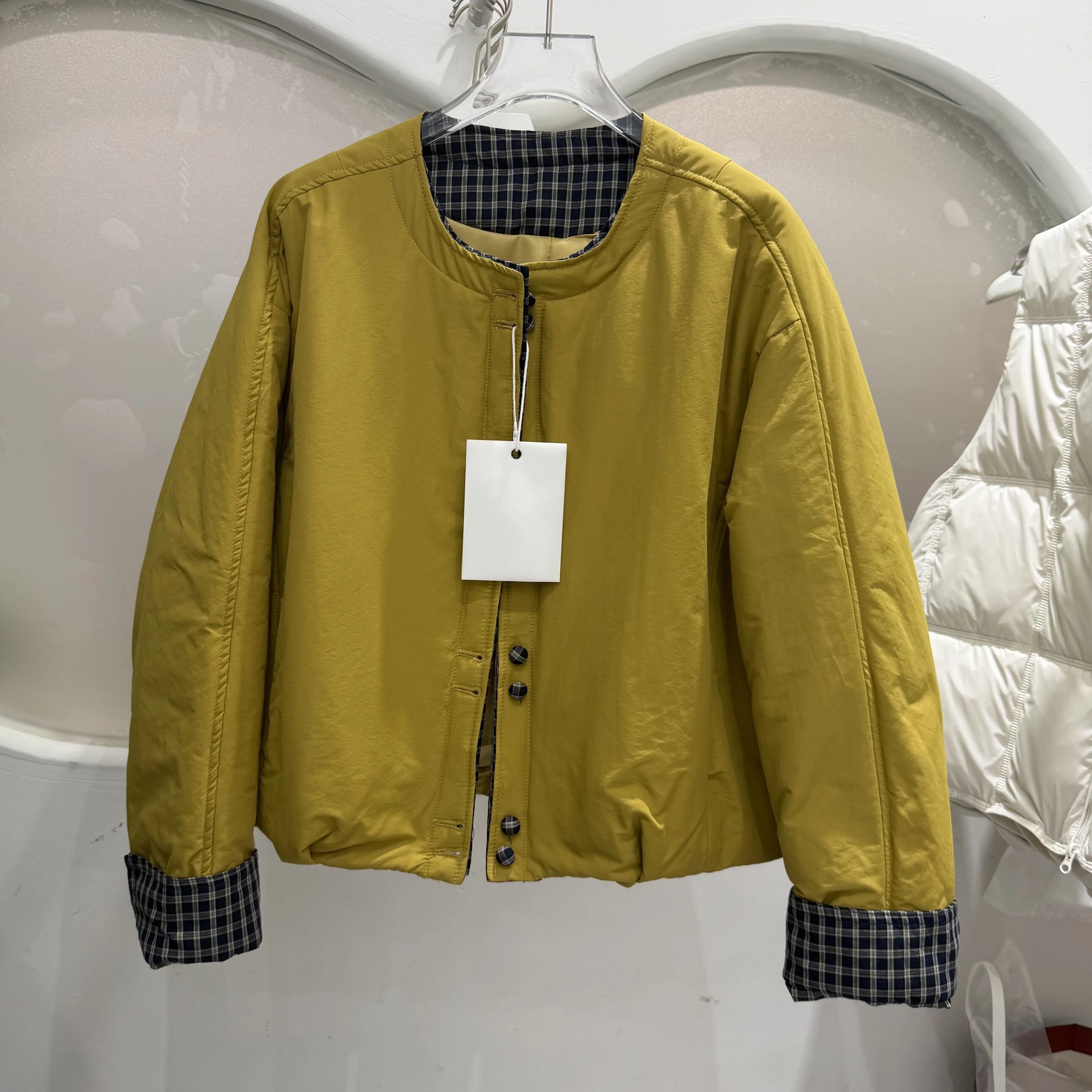 复古格子拼接圆领宽松棉服外套潮