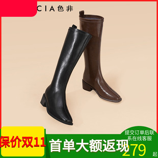 色非尖头骑士靴女商场同款2024冬季新款英伦风粗跟不过膝长筒靴女