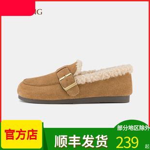 奥康女鞋2024冬季新款真皮套脚平底舒适保暖雪地靴时尚百搭毛毛鞋