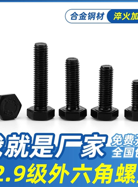 12.9级黑色外六角螺丝螺栓加长螺杆螺钉M6M8M10M12M14M16M18-M30
