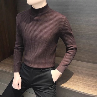 半高领包芯纱针织衫男坑条肌理感修身长袖卫衣中高领羊毛打底衫潮
