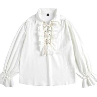 欧美中世纪宫廷风荷叶边抽绳白衬衫ins男女潮设计感长袖cos演出服