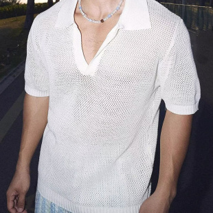 欧美大v领镂空针织polo衫肌肉男硬汉透视短袖卫衣低领网眼线衣t恤