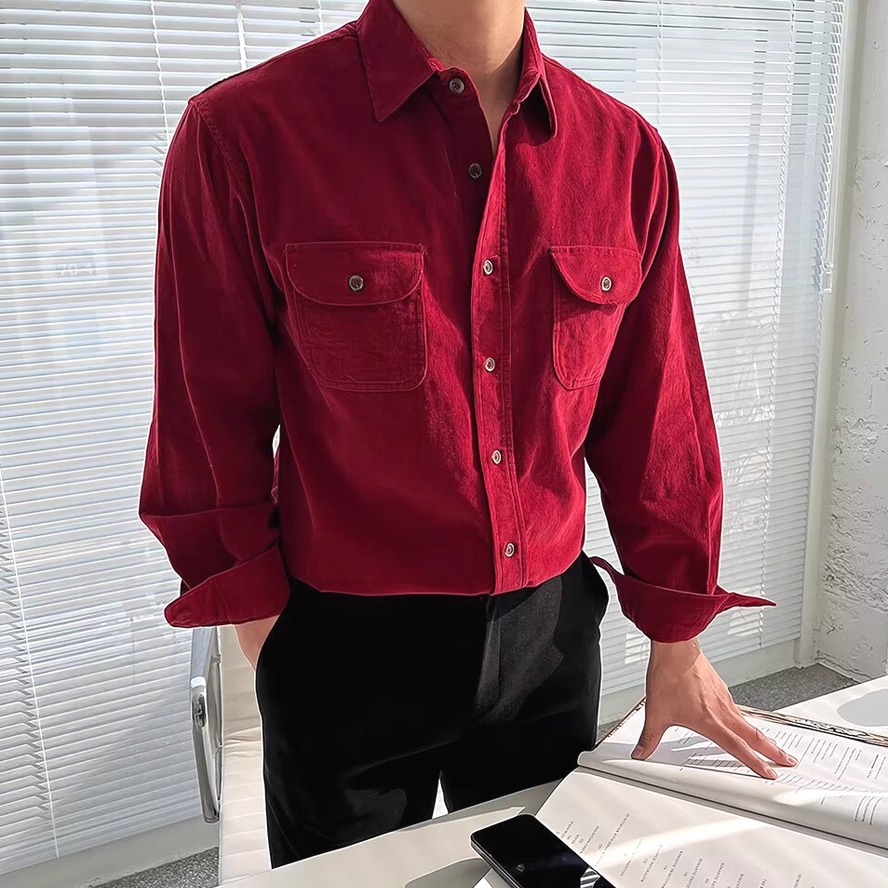 红色灯芯绒衬衫美式复古长袖开衫