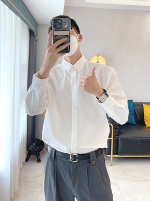 美式白衬衫男设计感暗扣长袖寸衫