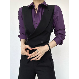 外搭背心 西服外套叠穿衬衫 法式 双排扣戗驳领坎肩马甲男高级感无袖