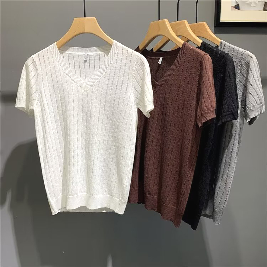 欧货高端低v领卫衣男丝光棉冰丝短袖镂空透视天丝t恤大领紧身弹力