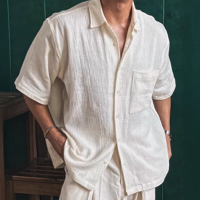 欧美棉麻皱布衬衫男薄款透气短袖防晒开衫亚麻口袋休闲工装衬衣潮