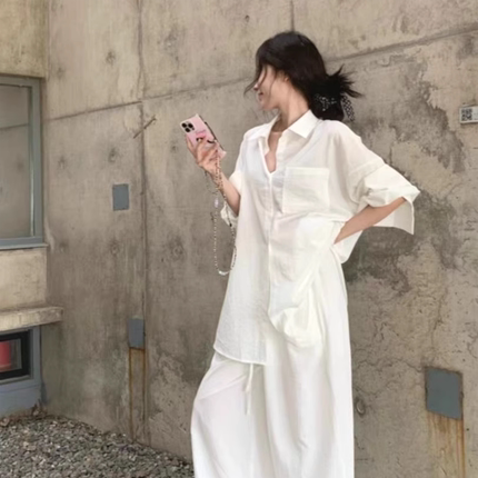 慵懒风棉麻长袖衬衫套装男松弛感防晒开衫亚麻透气工装长裤两件套