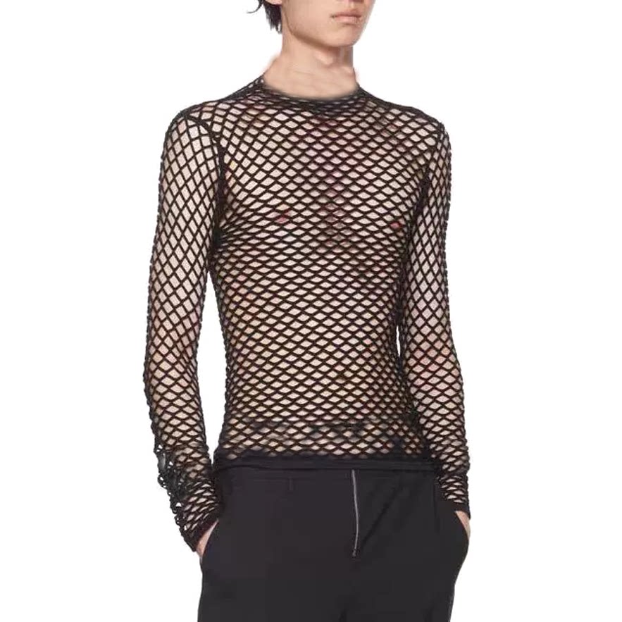 欧美时髦镂空长袖罩衫男网孔渔网洞洞服性感透视舞台表演网纱t恤