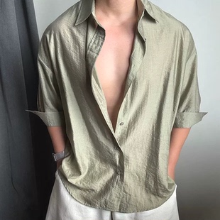 军绿色皱感棉麻衬衫男高级感修身长袖开衫天丝亚麻休闲工装衬衣潮