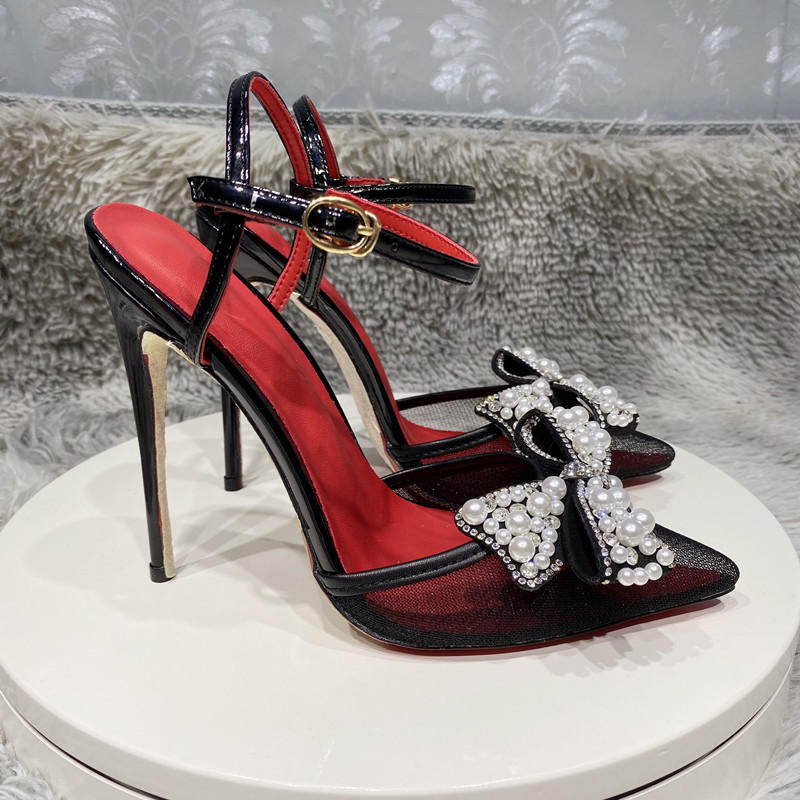 可尚佳细跟蝴蝶结珍珠扣尖头珍珠