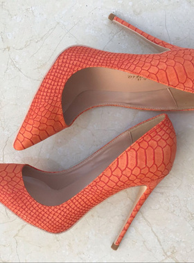 欧美新款百搭橙色蛇皮纹尖头高跟鞋12cm细跟浅口单鞋女10cm橘色