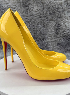 12CM细高跟浅口黄色漆皮圆头细跟浅口高跟鞋女10cm软底单鞋