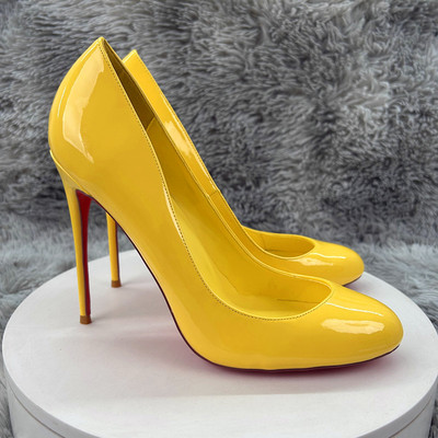 12CM细高跟浅口黄色漆皮圆头单鞋