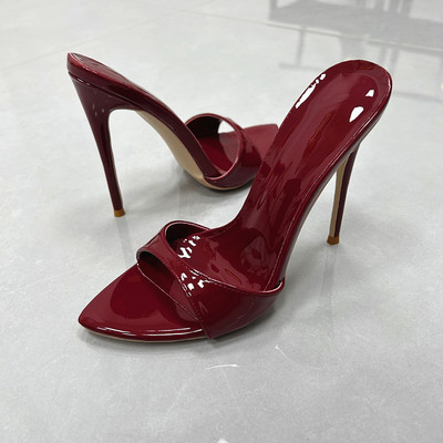 性感漆皮欧美露趾12cm浅口细跟