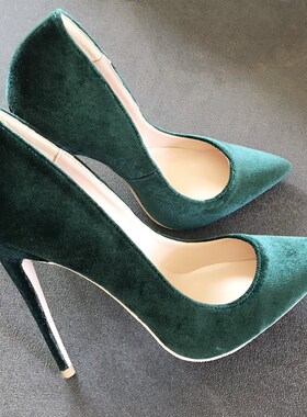 欧美秋季新款12cm墨绿色浅口尖头丝绒高跟鞋百搭性感10cm婚鞋单鞋