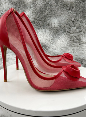 12cm红色高跟鞋女浅口2023年新款春秋细跟单鞋女透气网纱尖头鞋