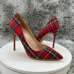 尖头高跟鞋2026春季新款简约红色格子布面百搭裸色细跟网红女单鞋