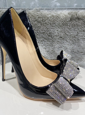 12cm黑色漆皮蝴蝶结水钻高跟鞋女2022年新款尖头百搭性感单鞋10cm