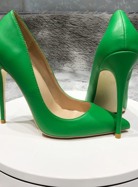 10cm绿色羊纹高跟鞋女细跟尖头浅口单鞋时尚秋鞋性感超高跟12cm