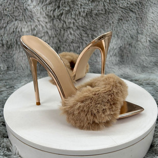 欧美12cm性感香槟金色毛毛一字带凉拖鞋女尖头细跟高跟鞋