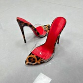 女细跟露趾半拖简约凉鞋 欧美豹纹尖头12cm高跟鞋 红底超高跟拖鞋