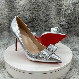 12cm银色爆裂纹尖头高跟鞋浅口红底铆钉蝴蝶结职业社交晚宴鞋