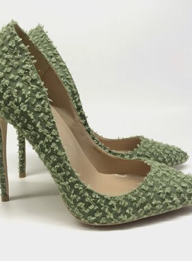 春秋新款10cm浅绿色尖头高跟鞋女细跟浅口宴会社交单鞋12cm大码