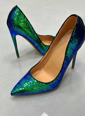 可尚佳新款镭射绿色珠片12cm高跟鞋女细跟尖头女性感气质单鞋10cm