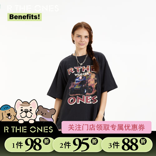 RTHEONES美式印花复古美式汽车纯棉t恤女夏宽松大版t恤