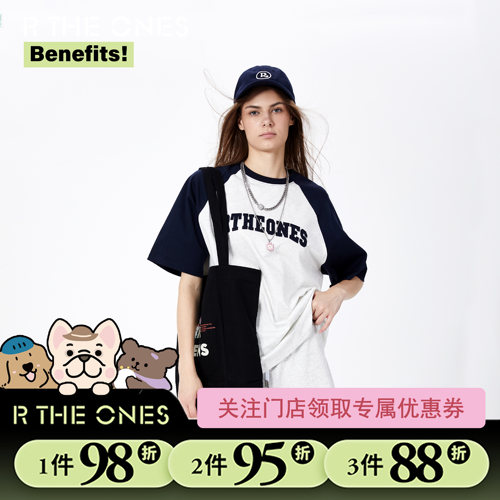 RTHEONES贴布字母撞色拼袖短袖T恤女夏美式复古百搭潮流纯棉上衣