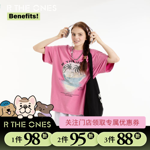 RTHEONES美式复古夏威夷小狗大版T恤做旧洗水宽松短袖女甜酷T恤