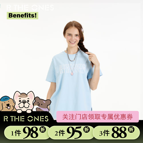 RTHEONES间断绳绣刺绣纯棉t恤女夏重磅盐系圆领宽松短袖体恤短袖