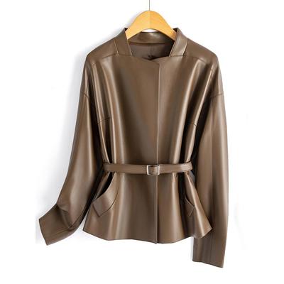 2025春季新款海宁真皮皮衣女短款韩版系带名媛风皮夹克绵羊皮外套