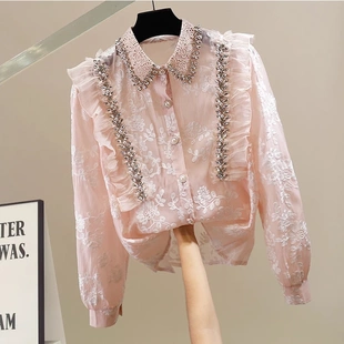 小香风时尚重工钉珠镶钻精致女洋气衬衫设计感长袖上衣气质上衣潮