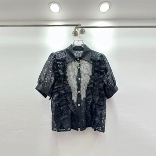设计感夏季重工钉珠镶钻亮片褶皱木耳花边拼接单排扣短款百搭衬衫