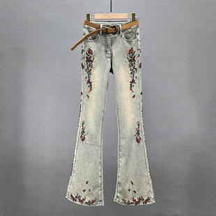 镶钻牛仔裤女2024年春夏新款弹力高腰修身显瘦复古风绣花喇叭长裤