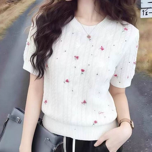 新款 短袖 法式 百搭玫瑰碎花冰丝针织衫 上衣女 气质显瘦时尚 2026春季