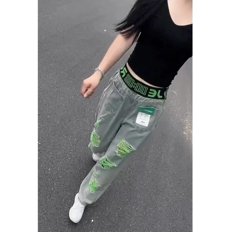 设计感夏季新款字母腰头高腰显瘦休闲百搭哈伦时尚拼色破洞牛仔裤