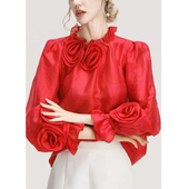 女 小众别致漂亮高级感立体花朵玫红色衬衫 2024早春款 法式