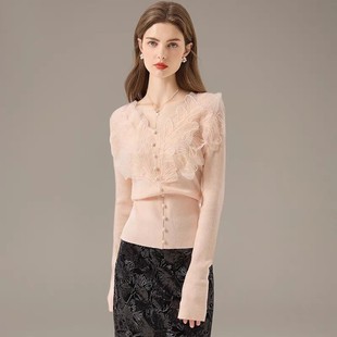 白天鹅花瓣刺绣v领针织衫女秋法式毛衣2024新款长袖修身打底上衣