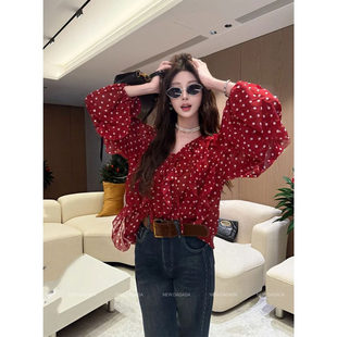法式波点衬衫女2026春季新款气质显瘦宽松系带上衣遮肚子大码女装
