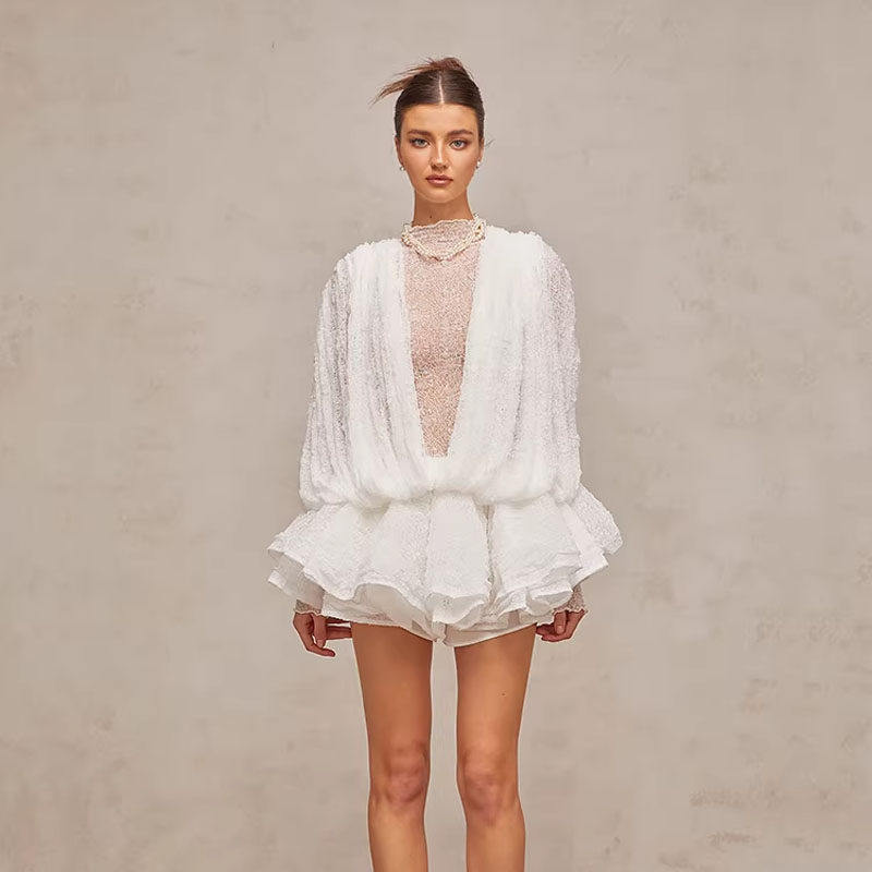 越南小众设计定制针织透视套头衫波浪潮深V领连衣裙配短裤两件套